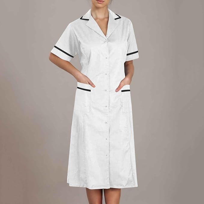 Women's Short Sleeve Work Dress Lapel Button Front Nursing Workwear Casual Housekeeping Scrubs Dress with Pockets