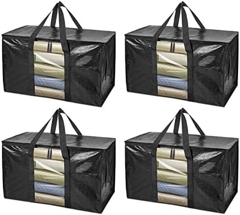 BALEINE 4-Pack Oversized Moving Bags with Reinforced Handles, Heavy-Duty Storage Tote Moving Supplies for Packaging, Camping (Black w/Window, 4-Pack)