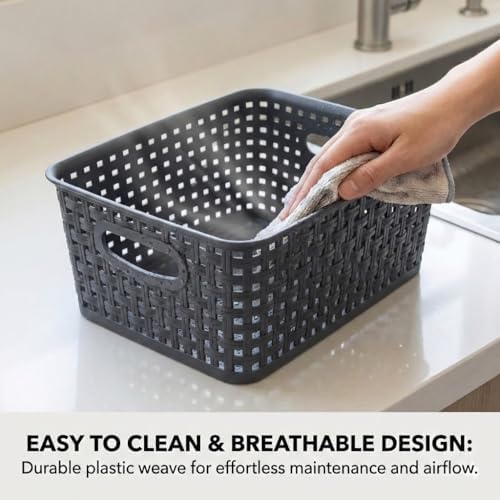 8 Pack Gray Storage Baskets, Plastic Woven Organizer Baskets, Stackable Shelf Baskets for Closet, Pantry, Bathroom & Laundry Room