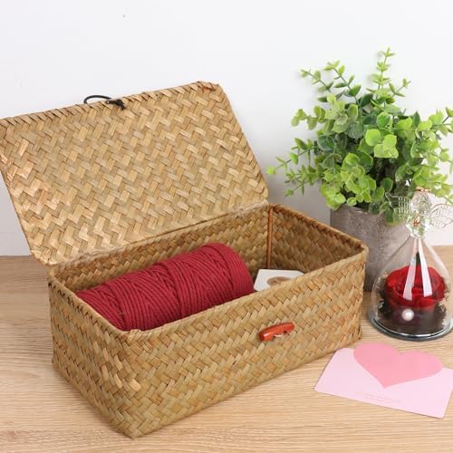 Moosky Wicker Shelf Baskets with Lid,Handwoven Seagrass Basket for Storage Basket Bins Rectangular Home Organizer Gift Boxes (Natural Large)