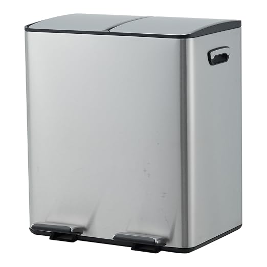 5gal Stainless Steel Double Trash Can with Lid for Kitchen, Large Dual Trash and Recycle Bin Combo, Step-on Kitchen Metal Garbage Cans, PP Inner Buckets, Liner Rim, Sliver