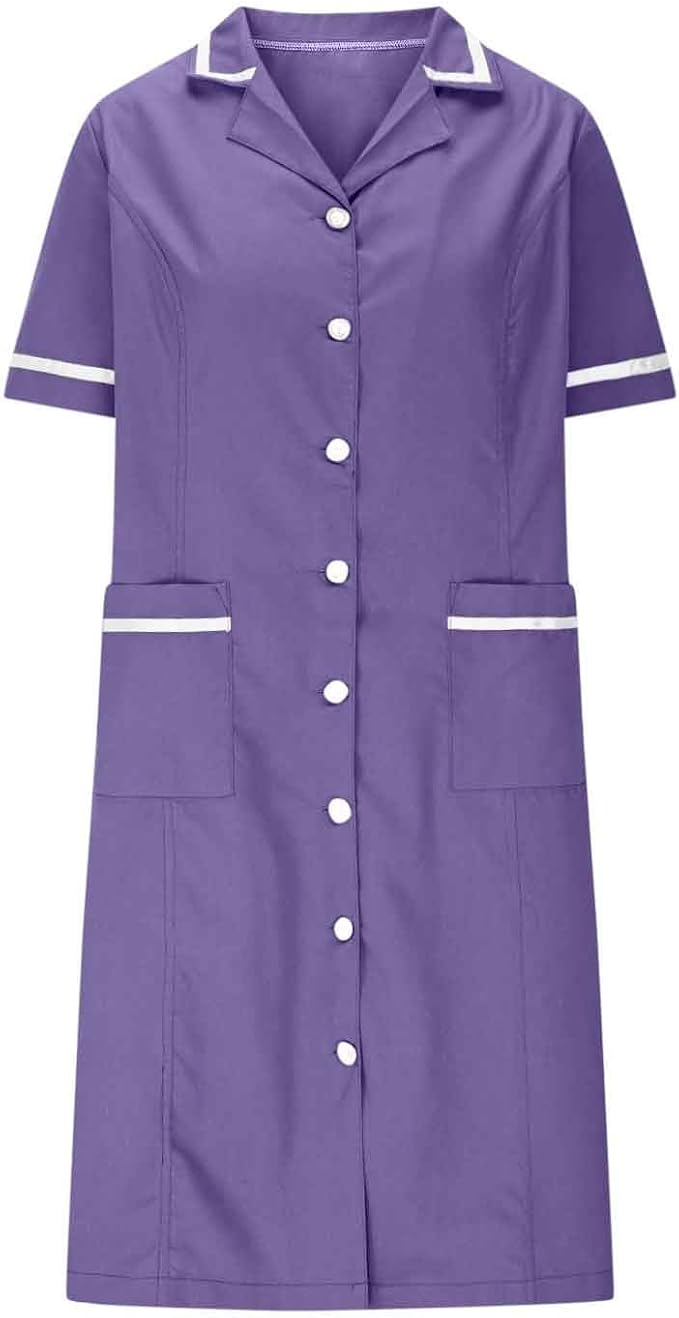 Women's Short Sleeve Work Dress Lapel Button Front Nursing Workwear Casual Housekeeping Scrubs Dress with Pockets