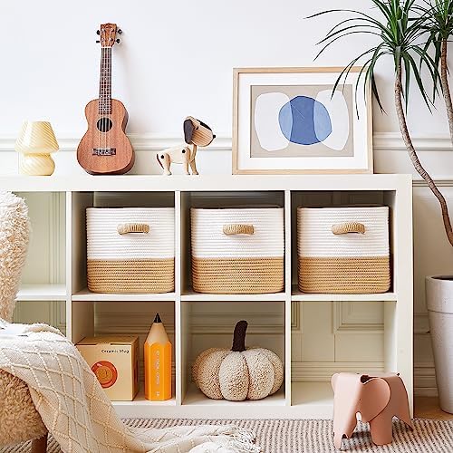 R RUNKA Storage Cube Baskets for Organizing -3 Pack -11 inch Square Baskets for Cube Storage, Closet Storage Bins-Woven Cube Storage Bins for Shelves- Ideal for Toy Storage |White & Khaki