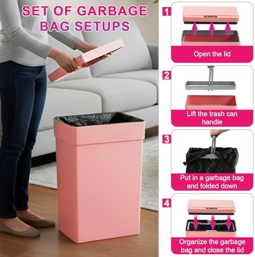 PayLessHere | 13 Gallon Plastic Trash Can with Lid | Pink | Automatic Touchless Garbage Can | Waterproof & Easy to Clean | For Kitchen, Bathroom, Home or Office | Pack of 3