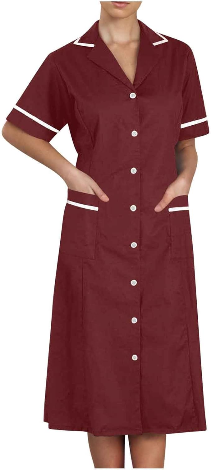 Women's Short Sleeve Work Dress Lapel Button Front Nursing Workwear Casual Housekeeping Scrubs Dress with Pockets
