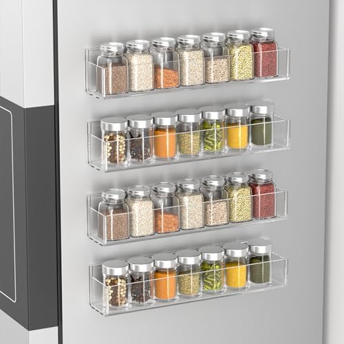 PMMASTO Adhesive Acrylic Spice Rack, Clear- 4 Pack with 2 Tapes | Acrylic Spice Rack Uses Double-Sided Adhesive Tape for Wall, Cabinet Door Or Pantry Door Storage