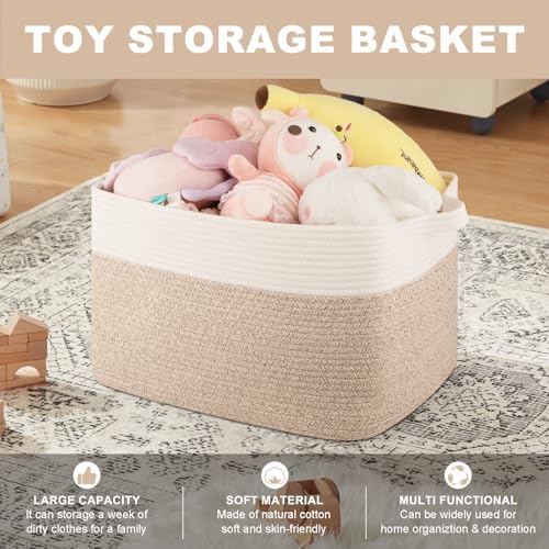 OIASKET Blanket Basket for Living Room, Cotton Rope Basket for Storage, Toy Baskets Bin for kids, Woven Baskets with Handles for Clothes, Towels, Pillows, 20" x 16" x 12", Brown and White