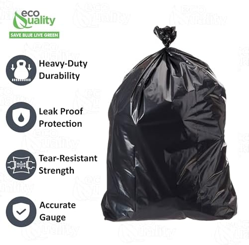 Strong Trash Bags, Wastebasket Receptacle Can Liner, Large 40-45 Gallon by EcoQuality, 10 Count, 40 x 38, Garbage Bags, Black, For Kitchen, Household, Industrial, Multi Purpose, Office, Backyard