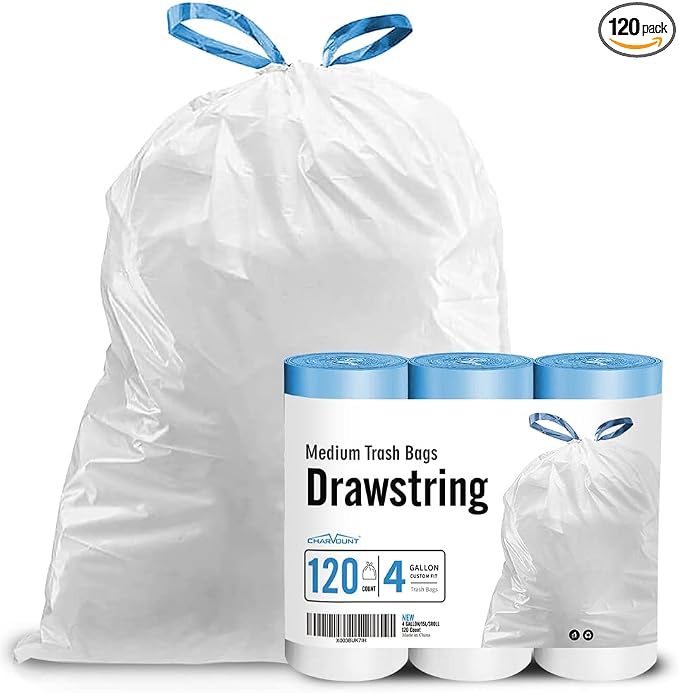 Charmount 4 Gallon Trash Bag - Drawstring Small Trash Bags 120 Count | Unscented Clear Trash Can liners for Bathroom, Office, Kitchen Small Trash Can