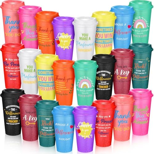 Skylety 24 Pack Employee Appreciation Cups with Lids 16 oz Plastic | Plastic Thank You Tumblers with Lids, Housekeeping Week, Staff Volunteer Coworker Team Teacher Gifts, Office School Supplies