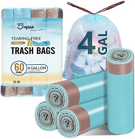 JOYEUX 4 Gallon Small Trash Bags, No-Tearing Drawstring Garbage Bags for Bathroom Kitchen, Beachside Breeze Scent, 60 Count | Wastebasket Bag for Bathroom Kitchen, Beachside Breeze Scent, 60 Count