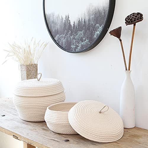 Sea Team Round Woven Cotton Rope Storage Basket with Lid, Cream | Lidded Knitted Decorative Storage Bin, Pot, Caddy, Organizer, Container for Snacks, Towels, Plants, 13 x 9 Inches