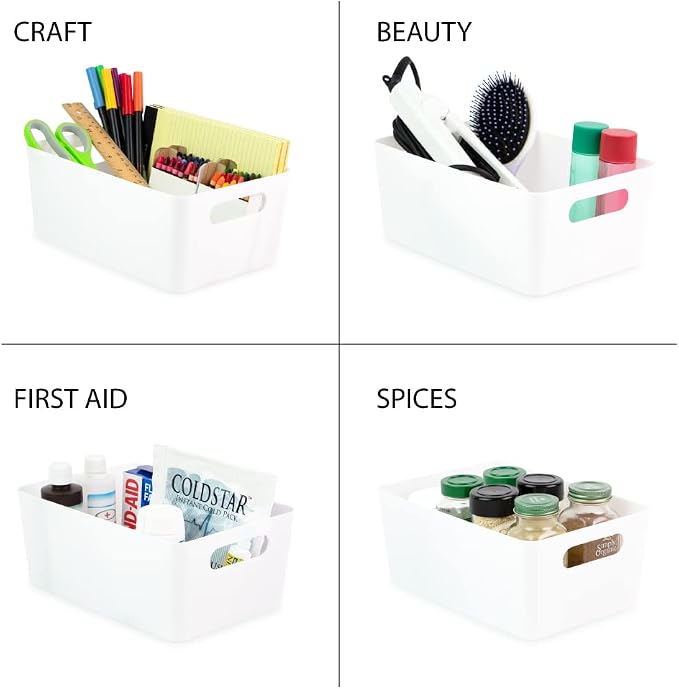 Isaac Jacobs 5-Pack Medium White Storage Bin Set (9.5" x 6.5"x 4") | w/Cut-Out Handles, Plastic Organizer, Multi-Use, Home, Office, Pantry, Closet, Kitchen