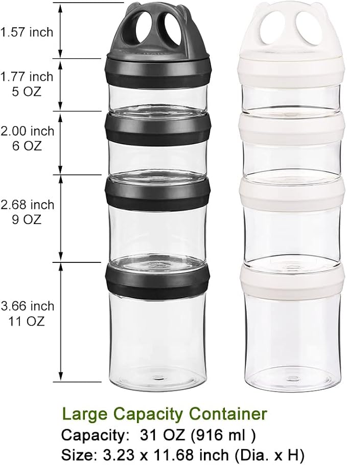 SELEWARE Stackable Snack Containers for Kids Toddlers Adults, Black & White | Portable Food Storage Containers for Snacks Formula Powder Drinks and Travel, Twist Lock System Airtight Leak-proof BPA Free