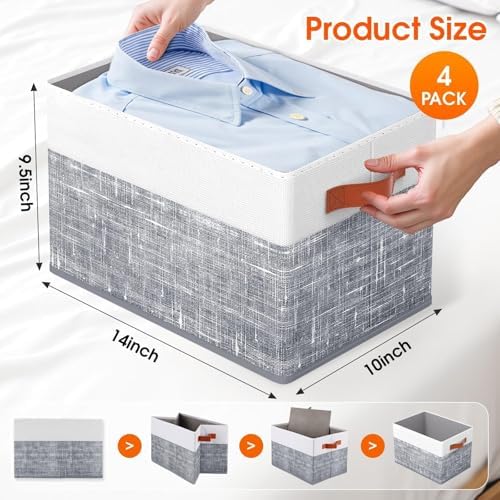 Fab totes Collapsible Storage Baskets for Shelves,14"x10", 4 Pack Foldable Fabric Storage Bins with Double Leather Handles, Large Baskets for Organizing Books, Clothes, White & Grey