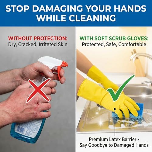 Soft Scrub Latex Cleaning Gloves – Medium Yellow Rubber Glove – Dishwashing Glove and Gardening – Cleaning and Plastic Gloves Guantes – Pack of 6