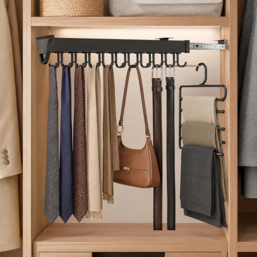 Sliding Broom Storage Rack, Shelf Broom Pull Out with 20 Removable Hooks | 66 lbs Broom Organizer stand for Home Laundry Wardrobe Kitchen Garage Cupboard