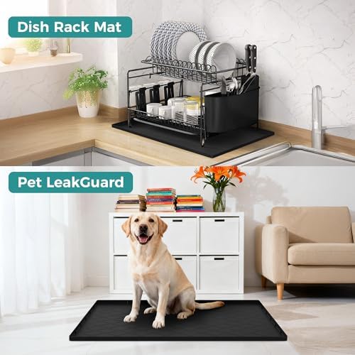 URMONA Under Sink Mat 31 x 22 in, Waterproof Silicone Cabinet Protector | Waterproof, Oil-Resistant, Raised Edge, Cabinet Liner, Shelf Protector, Pet Food Mat, Storage Mat, Easy to Clean, Black