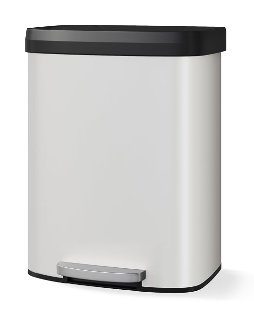 GarveeHome 16 Gal / 60 L Step-on Trash Can, Large Metal Kitchen Garbage Bin with Soft Close Lid, Rustproof Stainless Steel Trash Can, Inner Bucket Rim & Rear Handle, White