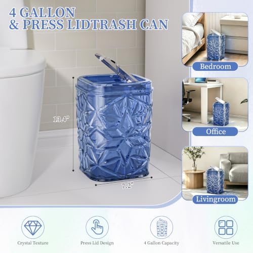 2-Piece Snowflake-Textured Acrylic Trash Can Set with 150 Drawstring Bags, 4 Gallon Sliver Press-Lid Wastebasket and Small Open-Top Desktop Bin for Bathroom, Bedroom, Office, Navy Blue