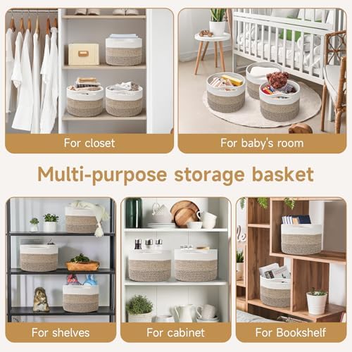 3 Pack Small Rope Storage Baskets, 9.82×9.82×7.1", Mixed Brown | Cotton Basket for Gifts Empty, Cute Round Woven Basket, Decorative Shelf Basket Organizer, Organizing Basket for Shelves