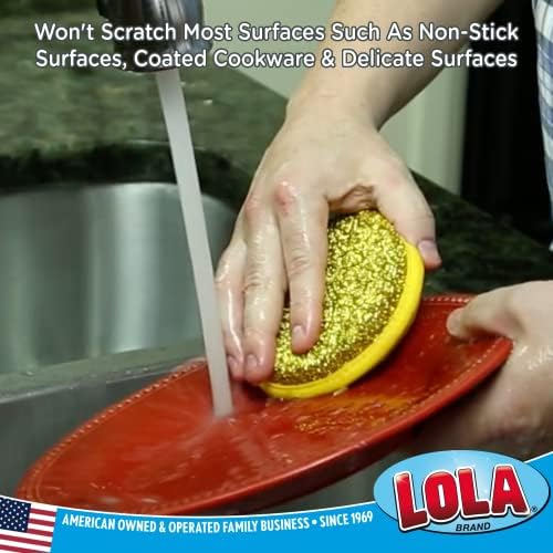 LOLA Round N' Round Wonder Non-Scratch Scouring Pad, 6 Pack, Metallic on One Side, Nylon Net Sponge On Other Side, Hang Hole, Assorted Colors