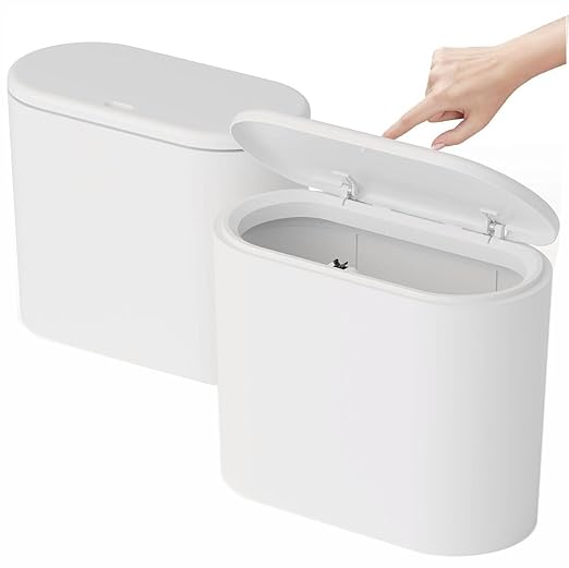 White 12 Liter Rectangular Plastic Small Garbage Can With Lid,2 Pack 3.17 Gallon Slim Bathroom Trash Can with Lid and Dog Proof Garbage Can and Wastebasket,Lidded Trashcan for Bedroom,Rv,Dorm,Office