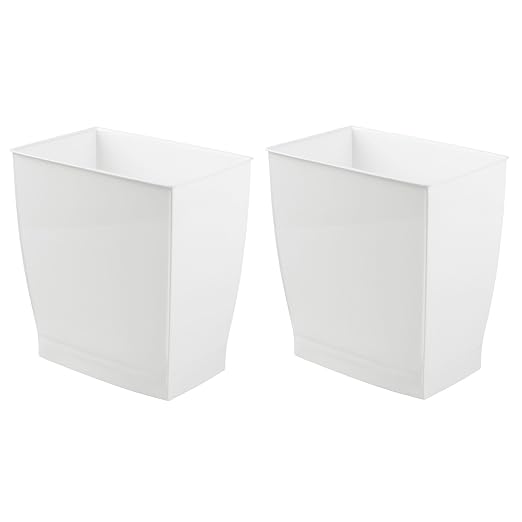 iDesign Small Plastic Bathroom Trash Can, Slim Rectangle, 2-Pack, White | Garbage Bin for Bedroom, Office, Dorm