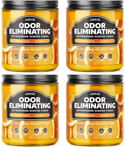 AOOVOO 4 Pack Odor Eliminating Candle Set- Citrus Lemon Air Freshing Candle | 36oz, Eliminates 95% of Pet, Smoke, Food, and Other Smells Quickly, Highly Fragranced Non Toxic Soy Candle