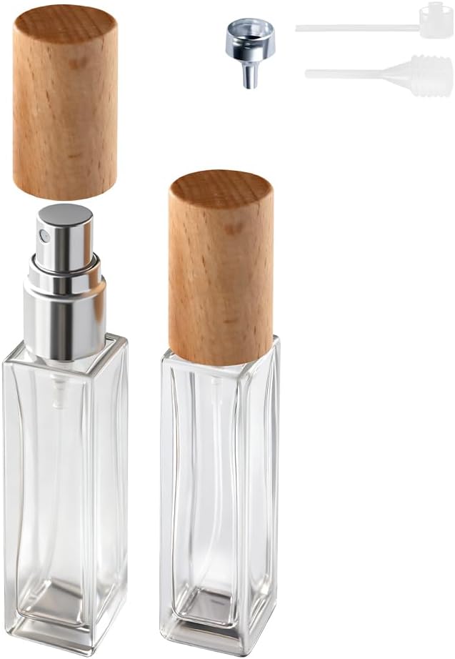 Perfume Atomizer, Refillable Spray Perfume Bottles 2pcs 0.3oz/10ml | Walnut Real Wood Lid, Classic Looking, Leak-Proof, Compact Size, Solid Bottle, Daily Touch-Up Spraying