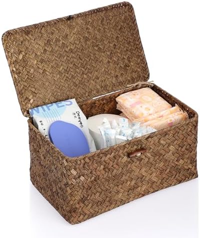 Sumnacon Wicker Basket with Lid,Tampon Holder for Bathroom,Coffee,Medium | Natural Seagrass Female Product Organizer for Toiletries Pad Tampon Storage,Farmhouse Woven Baskets for Shelf, Toilet Tank