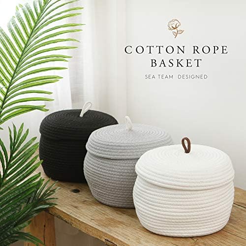 Sea Team Round Woven Cotton Rope Storage Basket with Lid, Black, 2-Pack | Lidded Knitted Decorative Storage Bin, Pot, Caddy, Organizer, Container for Snacks, Towels, Plants, 10 x 7.5 Inches
