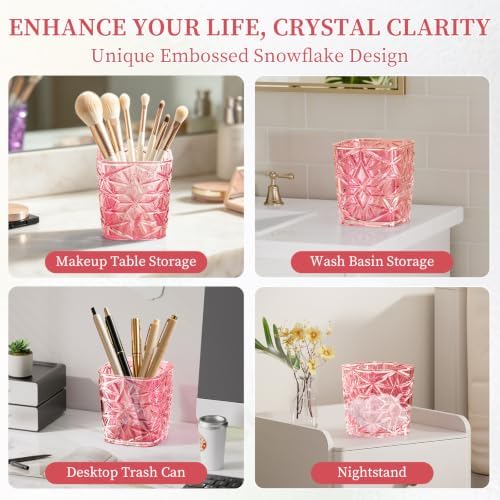 2-Piece Snowflake-Textured Acrylic Trash Can Set with 150 Drawstring Bags, 4 Gallon Sliver Press-Lid Wastebasket and Small Open-Top Desktop Bin for Bathroom, Bedroom, Office, Pink