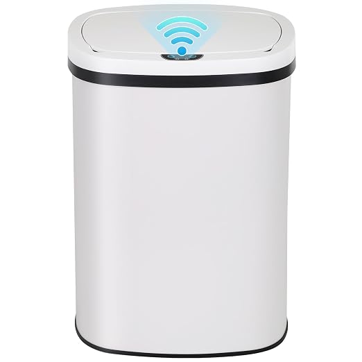 BLKMTY 13 Gal Trash Can with Lid, Motion Sensor Garbage Can, White | Stainless Steel Garbage Cans, 50 L Automatic Touchless Kitchen Trash Cans, High Capacity, for Home Office Bathroom