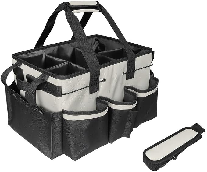 Large Cleaning Caddy Bag with Removable Divider - 600D Oxford Storage Organizer for Supplies, Tools, Spray Bottles - Portable Tote for Housekeeping, Gardening, Car Trunk - Black 14x10x9 Inch(White)