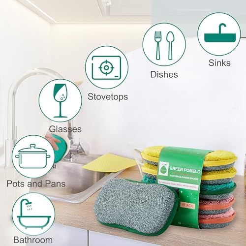 Multipurpose Sponges Kitchen,6 Pack Reusable Non-Scratch Scrub Sponge,Rough Scrubbers Side for Pots and Pans,Soft Microfiber Scrub Side for Washing Dishes