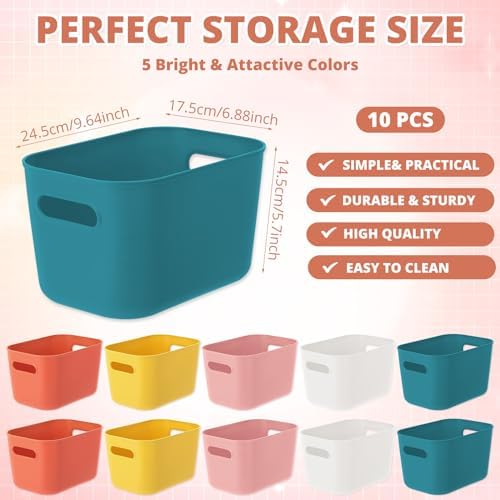 10 Pack Plastic Storage Bins for Classroom Organization School Supplies | 9.7" x 6.9" x 5.7" Small Colorful Bins, Built in Handles, Stackable Design, Teacher Desk Use, Home School Library Ready
