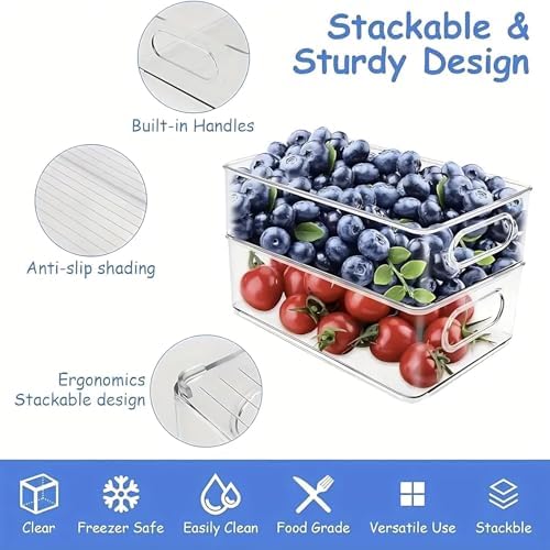 12 Pack Refrigerator Organizer Bins | 3 Sizes Stackable Clear Pantry Storage with Handles for Fridge, Freezer, Shelves, Drawer, Snack Organizer for Home & Kitchen