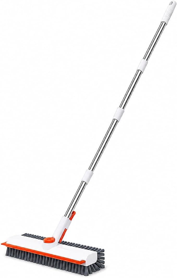 Heavy-Duty Floor Scrub Brush PRO with Long Handle,Squeegee&Stiff Bristles | Stable Locking Swivel Head Every 90°,Reinforced Stainless Pole,50" Long Reach,Indoor&Outdoor Use