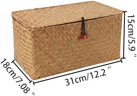 Moosky Wicker Shelf Baskets with Lid,Natural Seagrass Storage Basket Boxes Handwoven Rectangular Baskets Bins Multipurpose Home Organizer Decor (Medium)
