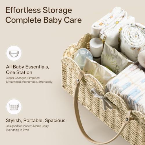 HBlife Baby Diaper Caddy, Paper Rope Storage Baskets Nursery Bin with Removable Divider, Portable Car Organizer for Diapers, Baby Shower Gifts, Newborn Essentials Must Haves
