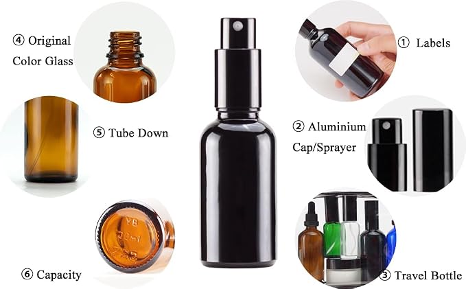 YIZHAO Black Glass Spray Bottles 1oz, with Small Fine Mist Spray, Metal Cap, Refillable for Essential Oil,Travel,Cleaning,Perfume,Aromatherapy,Makeup – 6 Pcs