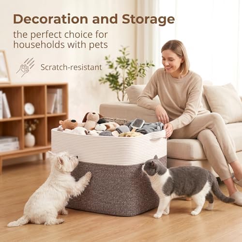 OIASKET 108L Cotton Rope Storage Basket for Living Room and Bedroom 25"x16"x16" Woven Laundry Basket, Heavy Duty Bin for Blankets, Pillows & Toys, Pet-Safe & Scratch-Free, Dark Brown and White