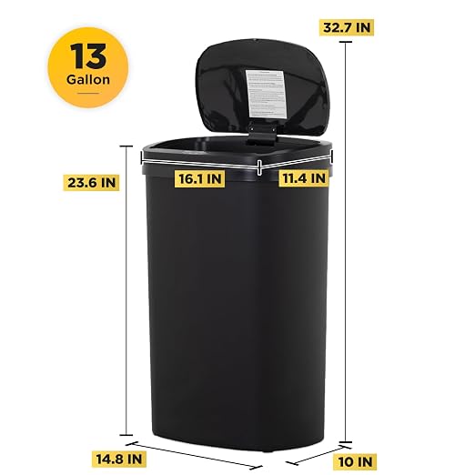 BestOffice | 13 Gallon Plastic Trash Can with Lid | Dark Black | Automatic Touchless Garbage Can | Odor Control | Modern Oval Design | Easy to Clean | For Kitchen, Bathroom, Office or Home