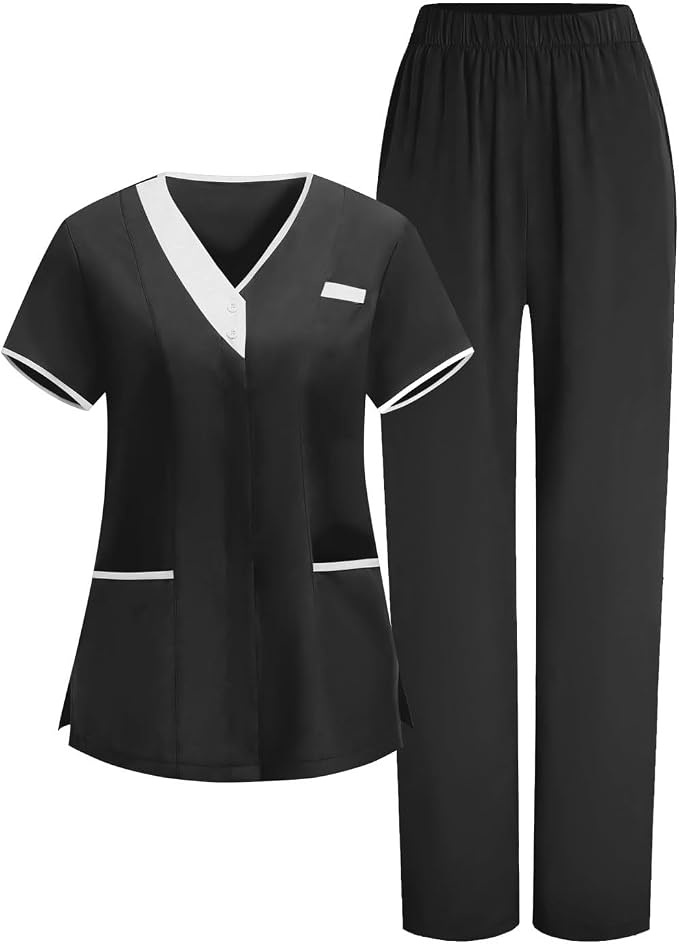 2026 Housekeeping Uniform Cleaning Uniforms - Button V Neck Top & Pants with Multi Pockets - Scrubs for Women