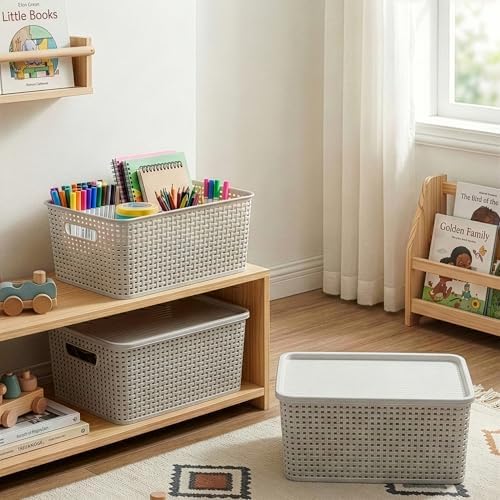 BINO | Plastic Storage Baskets with Lids, 15.5 Liter - 3 Pack, Natural Grey | THE WOVEN COLLECTION | Storage Basket for Shelves | Woven Storage Baskets for Organizing Bins | Pantry Shelf Organizer Bin