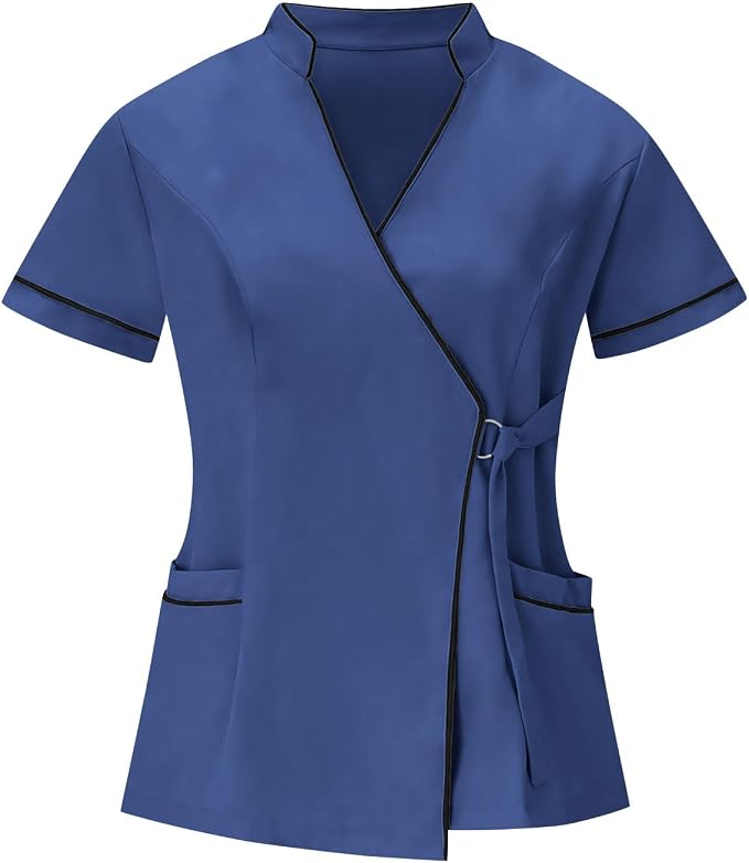 Housekeeping Uniforms for Women Hotel Cleaning Nurse Scrub Sets Stretch Wrap V-Neck Short Sleeve Top and Pants