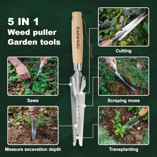Hand Weeder Puller, 5-in-1 Garden Trowel with Solid Wooden Handle | Gardening Weeding Tool for Easy Weeder Removal, Planting, Weeding, Flower & Vegetable Care in Garden Lawn Yard
