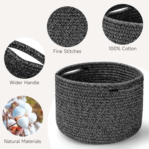 3 Pack Small Rope Storage Baskets, 9.82×9.82×7.1", Black | Cotton Basket for Gifts Empty, Cute Round Woven Basket, Decorative Shelf Basket Organizer, Organizing Basket for Shelves
