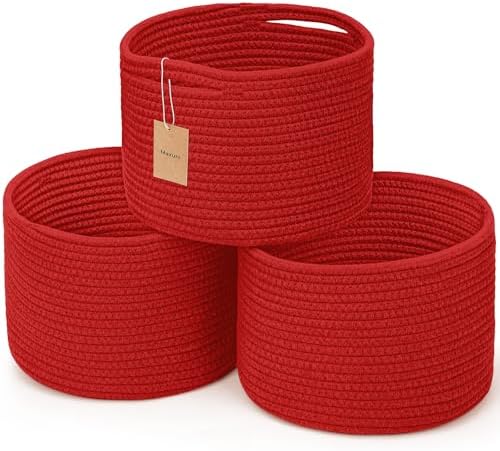 3 Pack Small Rope Storage Baskets, 9.82×9.82×7.1", Red | Cotton Basket for Gifts Empty, Cute Round Woven Basket, Decorative Shelf Basket Organizer, Organizing Basket for Shelves